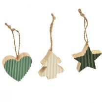 tételeket Karácsonyfa fa medál szett, szív-fa-csillag, menta-zöld-fehér, 4,5 cm, 9 db - Karácsonyi dekoráció