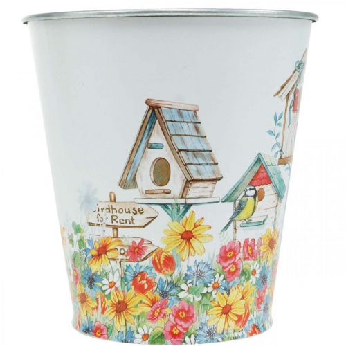tételeket Bádogcserép madárházzal, nyári dekorációval, virágtartó H14,5cm Ø13,5cm