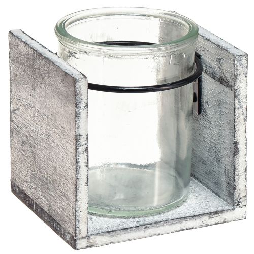 Üveg gyertyatartó rusztikus fa keretben - szürke-fehér, 10x9x10 cm 3 db - hangulatos asztali dekoráció