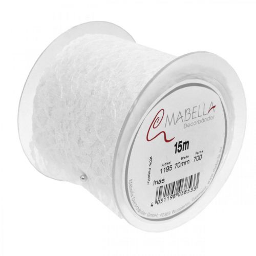 Floristik24 Virágos csipke szalag, asztali futó, esküvői dekoráció, ékszer szalag fehér 70mm 15m