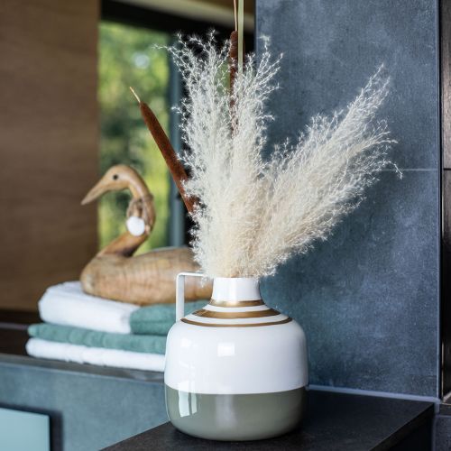 tételeket Bájos fém díszváza füllel, vintage stílusú, krém/szürke/arany, Ø16cm, M17cm, szárított virágoknak és műnövényeknek