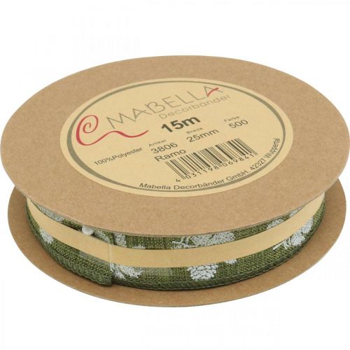 Floristik24 Deco szalag karácsonyi kúpok ajándék szalag zöld 25mm 15m