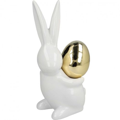 Elegáns húsvéti nyuszi, kerámia nyuszi arany tojással, húsvéti dekoráció fehér, arany H18cm 2db