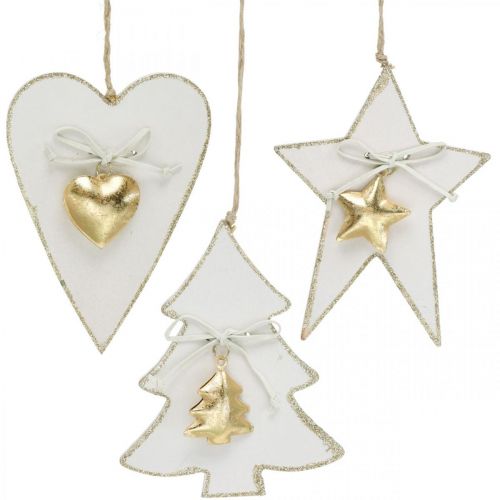 Karácsonyi medál szív / fenyő / csillag, fa dekoráció, fa dekoráció haranggal fehér, arany H14,5 / 14 / 15,5cm 3db