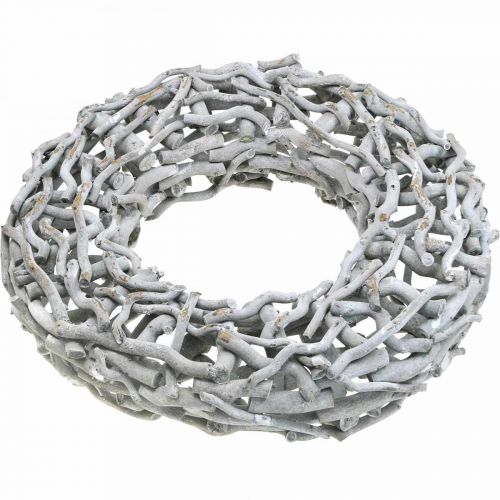 Floristik24 Dekoratív koszorú fa és gallyak fehérre meszelve Fa koszorú nagy Ø60cm