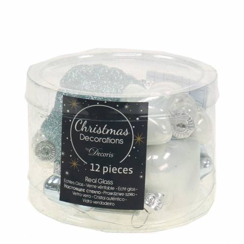 Floristik24 Mini karácsonyfadíszek keverék vegyes üveg fehér, kék 12db