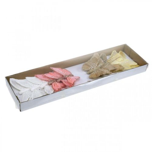 Floristik24 Csillámos pillangók, esküvői dekoráció, díszdugó, tollpillangó sárga, bézs, rózsaszín, fehér 9,5×12,5cm 12 db