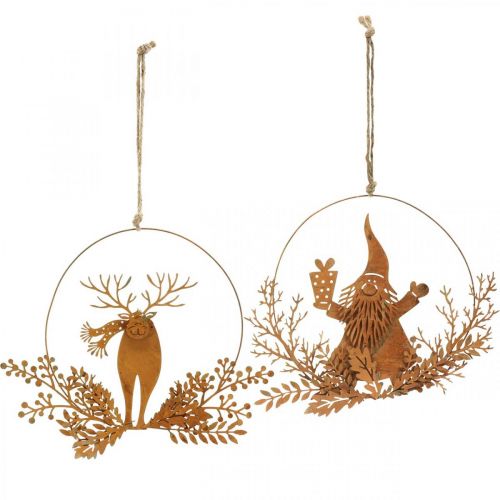 tételeket Díszgyűrű karácsonyra, rénszarvas a gyűrűben, Mikulás ajándékkal, fém dekoráció patina Ø18cm 2 db-os szett