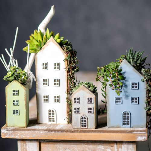 tételeket Dekoratív házak asztaldísz vintage virágtartó H12,5cm - 19cm 4 db-os készlet
