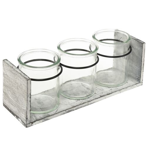 Rusztikus üvegkonténer készlet szürke-fehér fa állványban - 27,5x9x11 cm - Sokoldalú tárolási és dekorációs megoldás