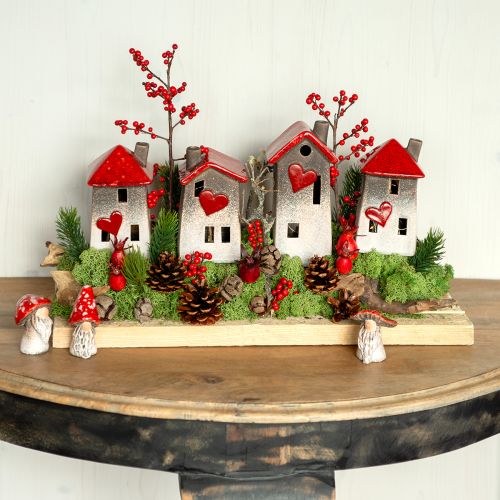 Romantikus kerámia házak szív motívummal - piros és természetes tónusok, 11 cm - szeretettel megtervezett téli dekoráció - 3 db