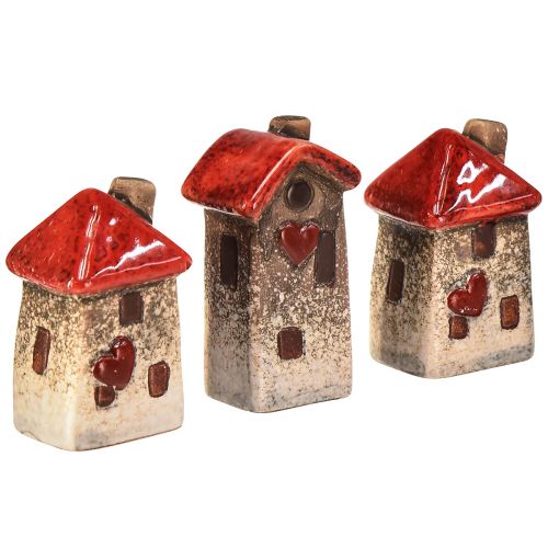 Kerámia házak 6 db piros tetőablakkal és szívvel - 6 cm - Idilli dekoráció otthonra és kertre