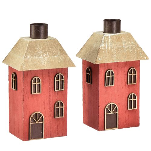 Gyertyatartó ház fa piros pálca gyertyatartó H14,5cm 2db