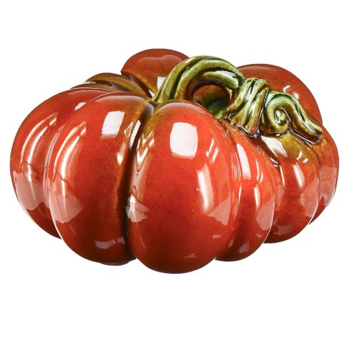 Fényes kerámia sütőtök élénkvörös-narancs színben, zöld szárral - 21,5 cm - ideális őszi dekoráció