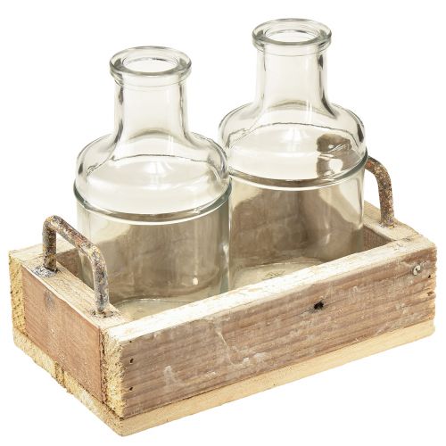 Mini vázák üveg dísztálca fa vintage 16x10x14cm készlet