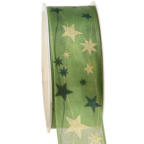 Karácsonyi szalag csillagokkal, zöld ajándék szalag drótszegéllyel 40mm 15m