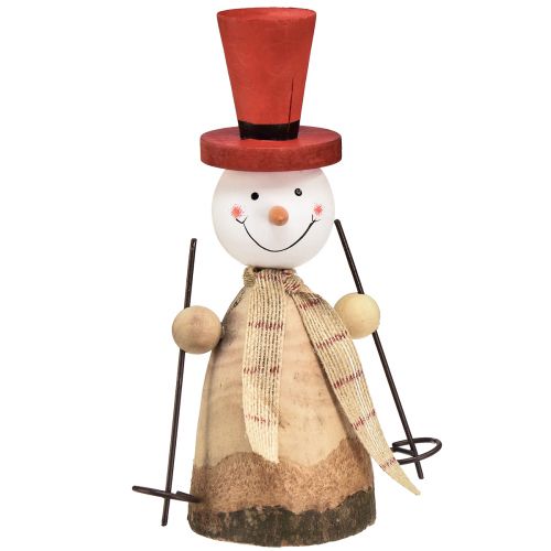 Fából készült hóember dekoratív figura kalappal piros natúr H20,5cm