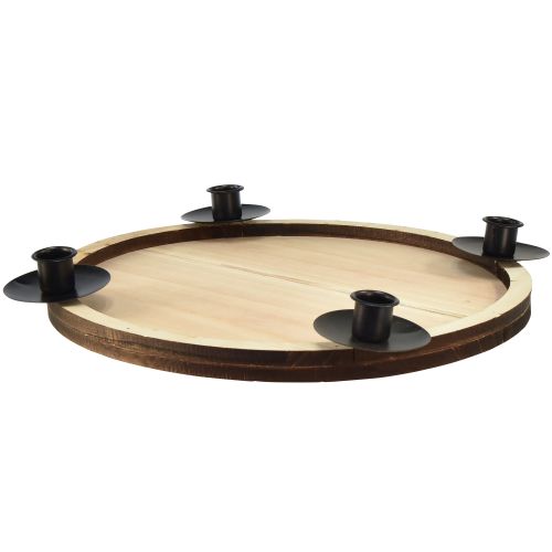Pálcás gyertyatartó fa tálcával – natúr és fekete, Ø 33 cm – időtálló design bármilyen asztaldíszhez