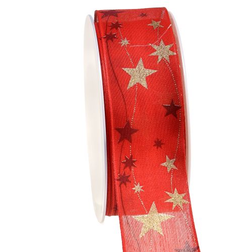 Karácsonyi szalag piros szalag csillagokkal, drótszegéllyel 40mm 15m