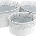 Floristik24 Tál ültetésre, fém edény csipkemintával, dekoratív edény ovális fehér, ezüst shabby chic L41,5/35/29,5 cm H19/16/14,5 cm 3 db-os készlet