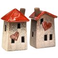 Floristik24 Szerető kerámia házlámpák 2 darabos készletben - szív alakú, piros és natúr, 17,5 cm - romantikus otthoni dekoráció