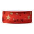 Floristik24 Karácsonyi szalag piros szalag csillagokkal, drótszegéllyel 40mm 15m